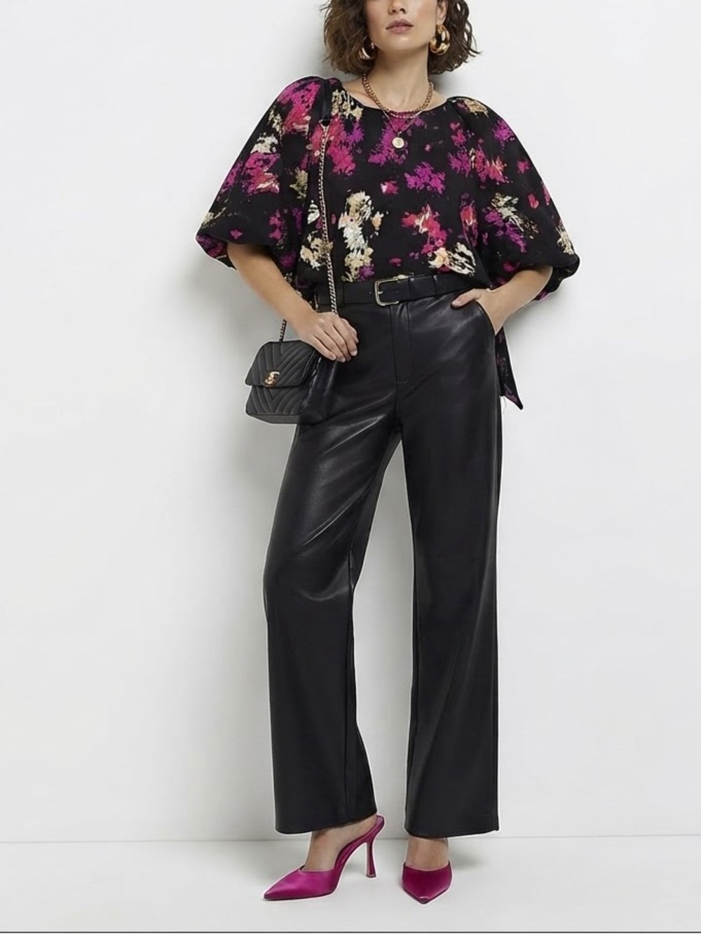 DKNY Abstract Watercolor Floral Puff Sleeve Blouse Black Pink Magenta❤️